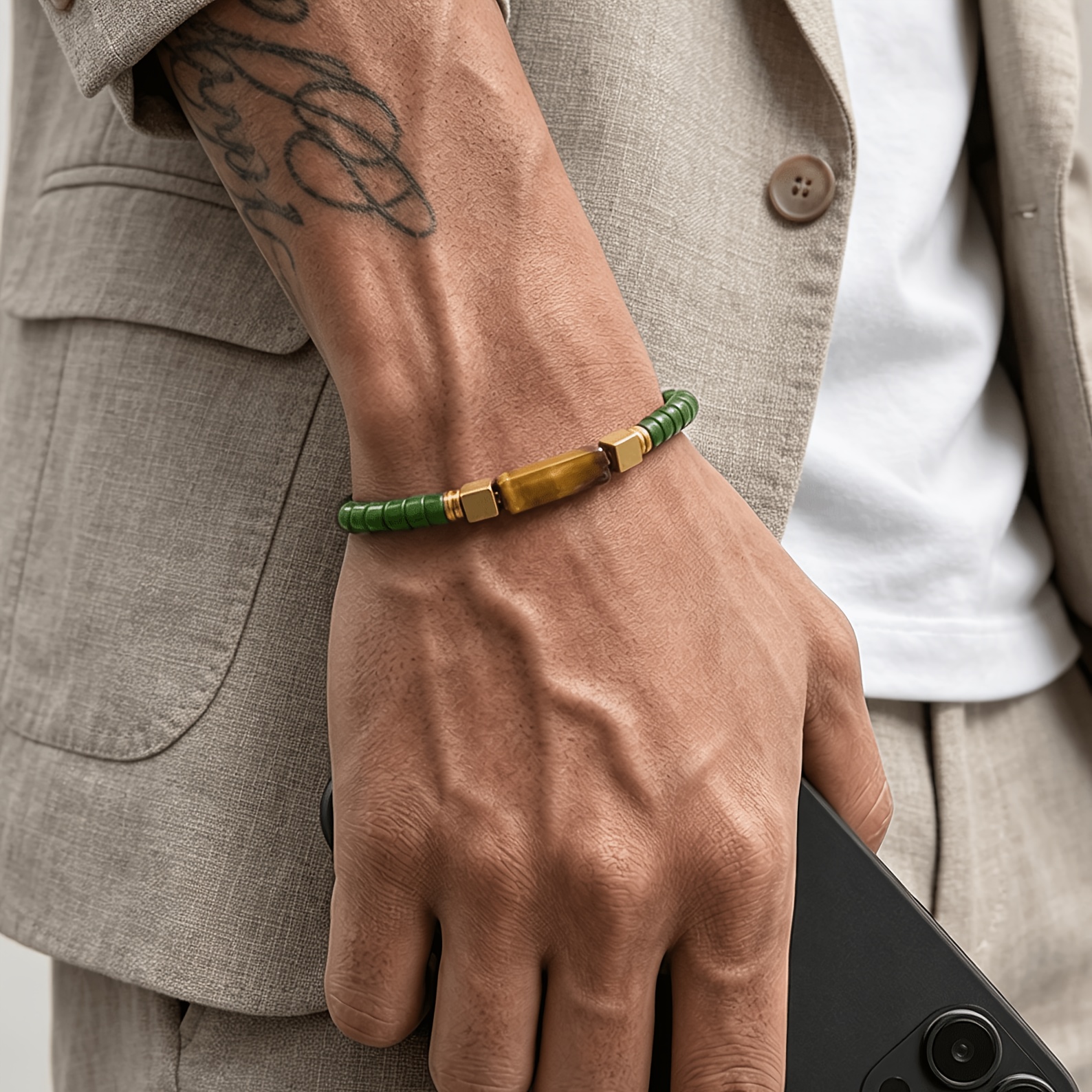 Natural Tiger's Eye & Green Tube Stone Stretch Bracelet